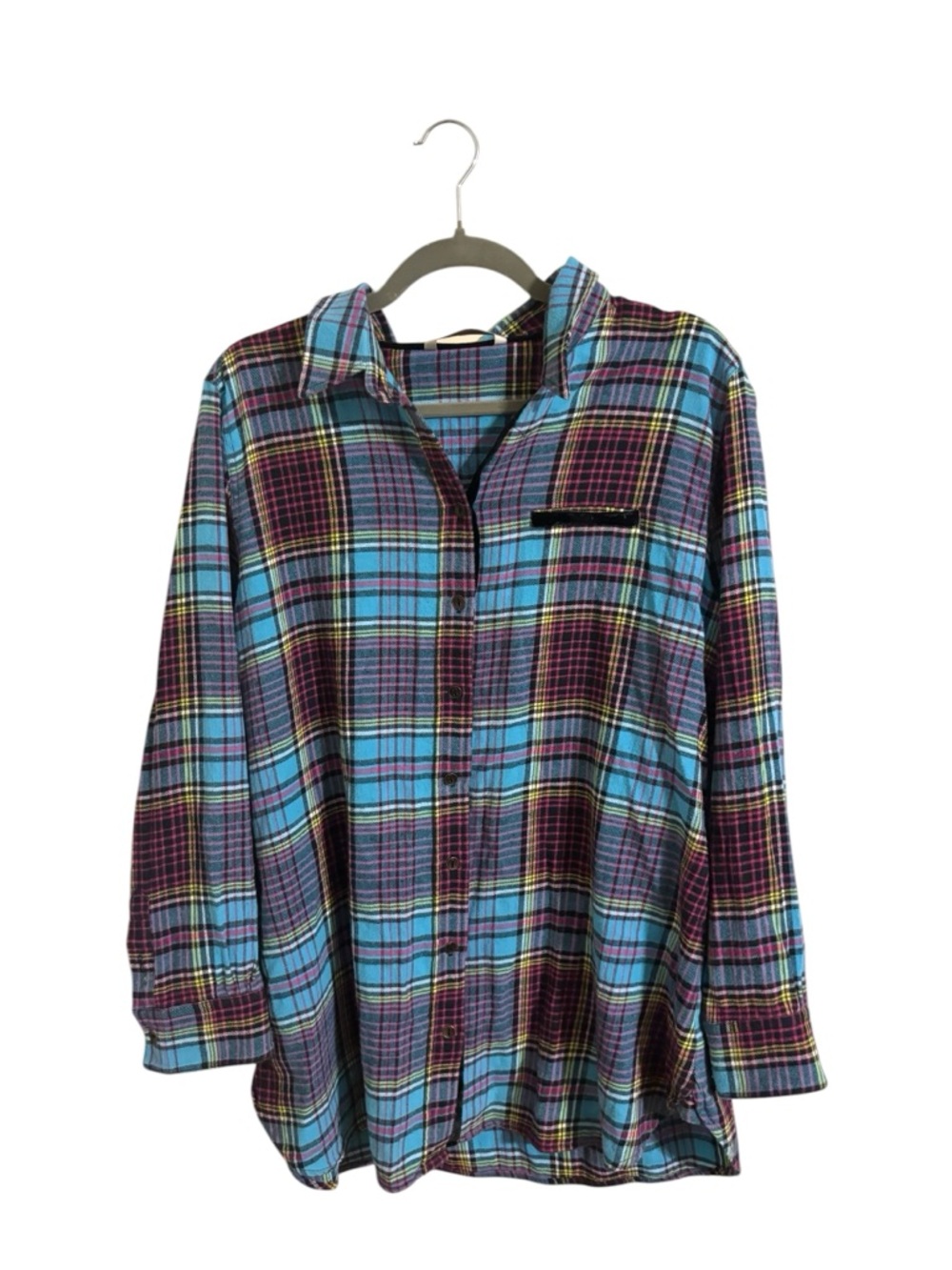 Soft Surroundings Blue Purple Flannel Appliqué Velvet Cuffs Button Up Shirt